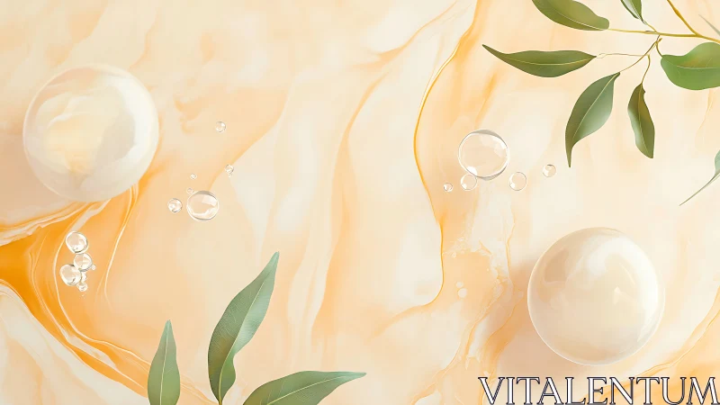 Ethereal pearl spheres with botanical accents on marble ground.