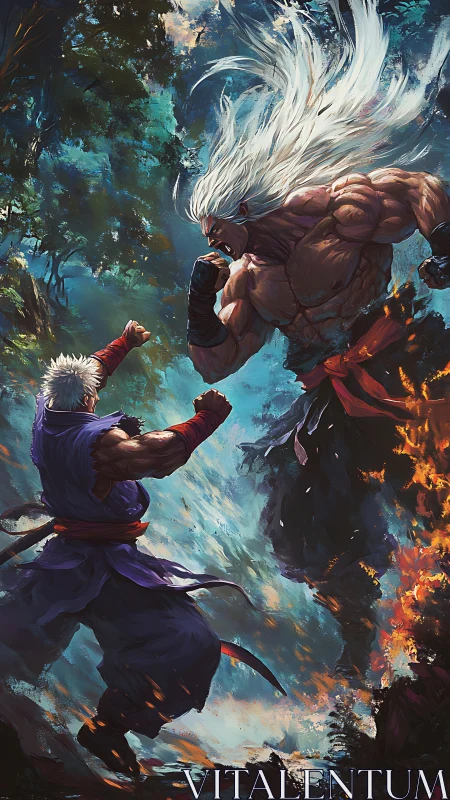 Stormheart duel between forest warrior and raging titan.