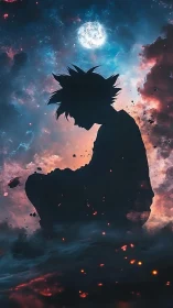 Silhouetted warrior meditates within cosmic storm glow.