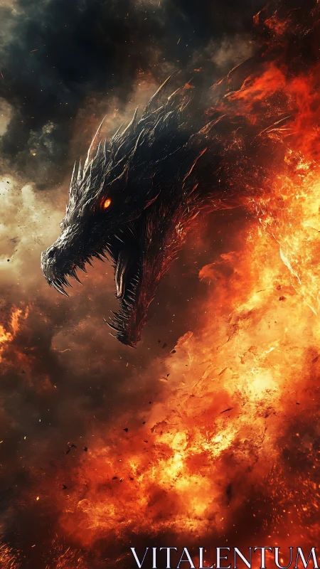 Digital painting of infernal dragon head in explosive flame surge.