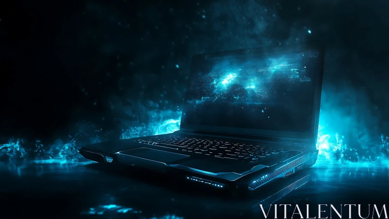 Futuristic gaming laptop glows with blue digital energy effects
