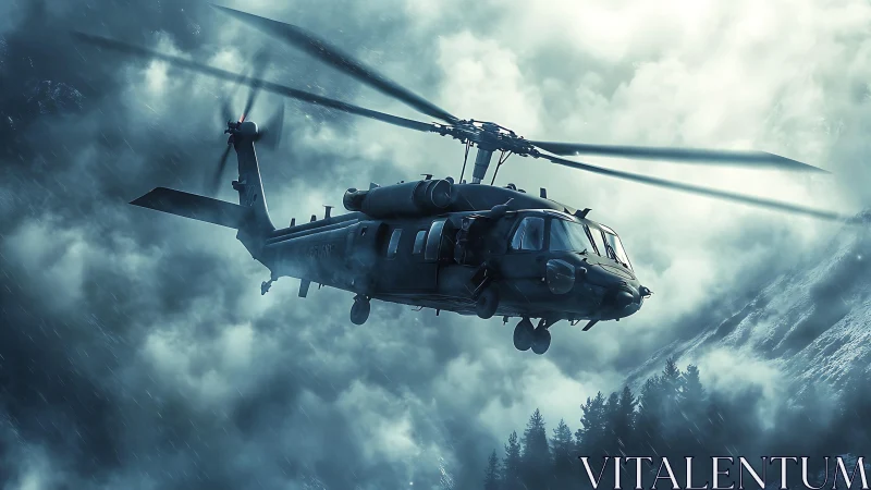 Military helicopter slices through storm above icy mountains.