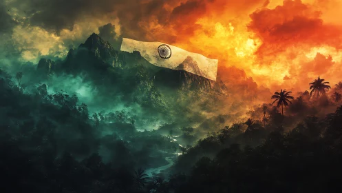 Tricolor mist over Indian mountains with monumental flagscape