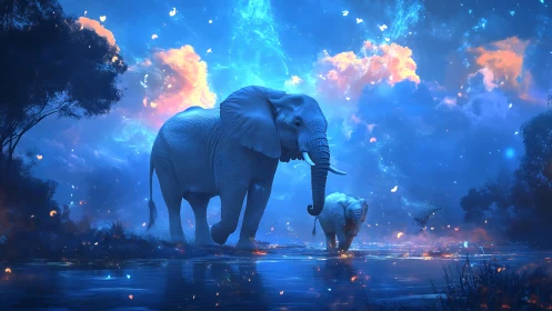 Celestial elephants crossing a luminous dreamlit lagoon.