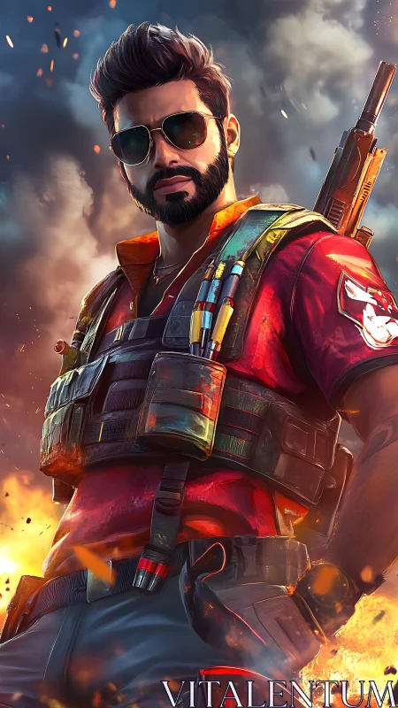 Armed tactical hero in red shirt amid explosive battlefield.