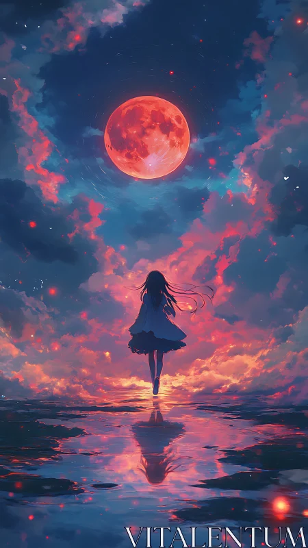 Girl Walking Toward a Glowing Red Moon Above Shimmering Water.