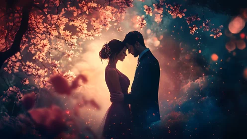 Two hearts finding magic under the glowing blossom trees