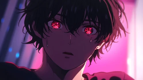 Crying anime boy with glowing red eyes in neon light.