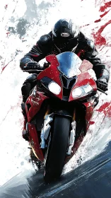 Red sport bike carving through swirling painted speed.