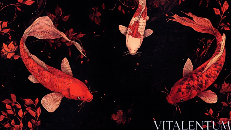 Red koi carp trio rotate in radial symmetry on black field