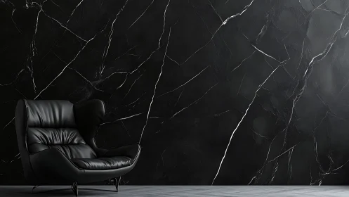 Photorealistic black leather lounge against veined marble wall.