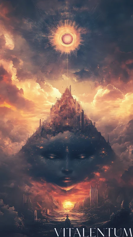 Starlit goddess-mountain dreams beneath an awakening sun gate