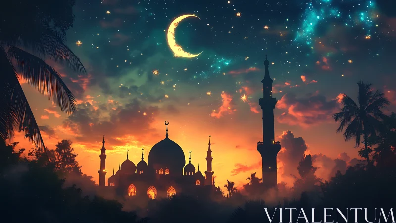 Mosque silhouette glows under crescent moon and vivid dusk sky