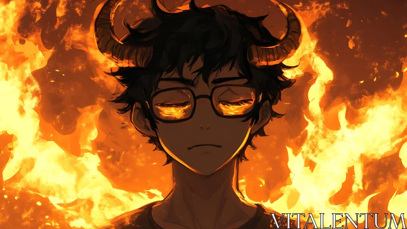 Horned youth stands before blazing inferno, eyes aflame.