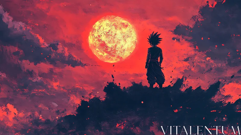Anime silhouette against crimson celestial skyscape digital painting.
