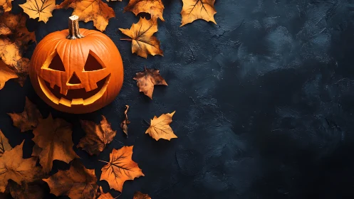 Carved jack o lantern with autumn leaves on dark background.