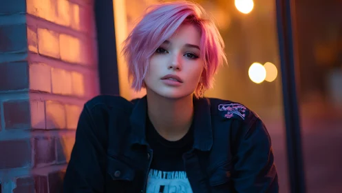 Neon alley daydreamer with pastel punk hair and soft firelight.