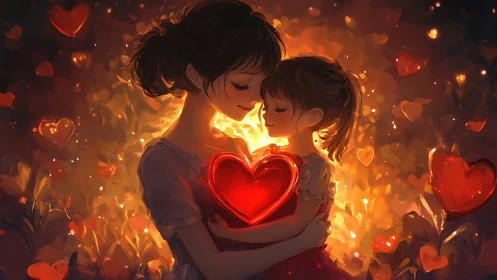 Two figures embrace glowing heart in golden ethereal light.