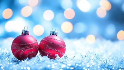 Crimson baubles whisper over frosted tinsel and bokeh snow.