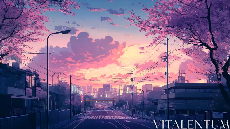 Sunset illuminates quiet cherry blossom lined city street