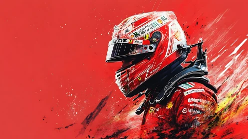 Racing driver portrait explodes through vivid scarlet motion.