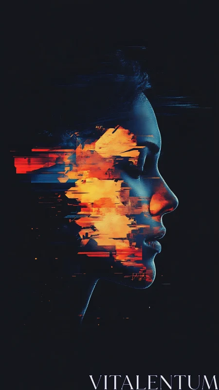 Glitching neon portrait fuses human profile with digital fire