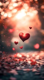 Glowing Hearts Floating in Warm Light