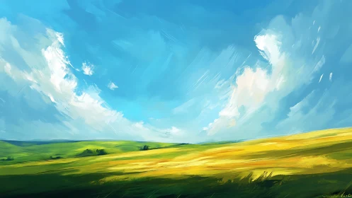 Sunlit grassland under sweeping blue sky brushstrokes.