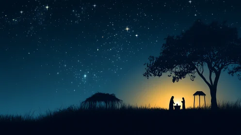 Silent nativity silhouettes under radiant starlit sky.