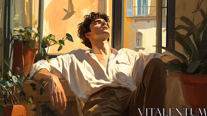 Young man rests in warm sunlight beside potted plants