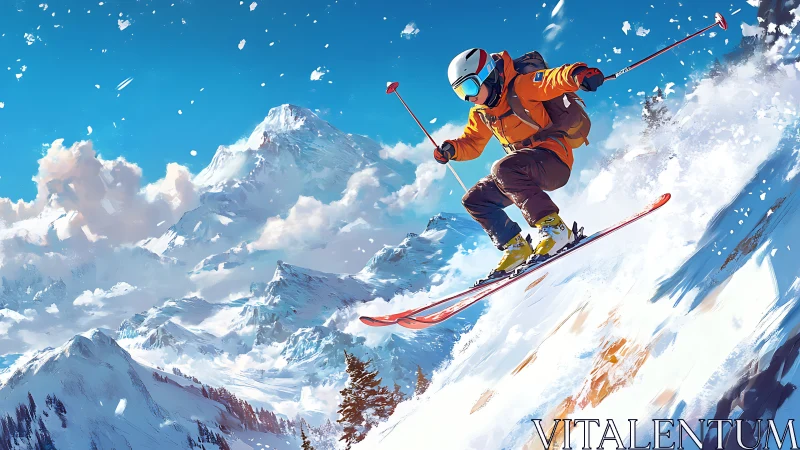 High-altitude freeride skier captured mid-air on steep powder slope