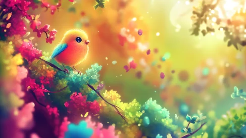 Chromatic passerine perched among bioluminescent flora clusters.