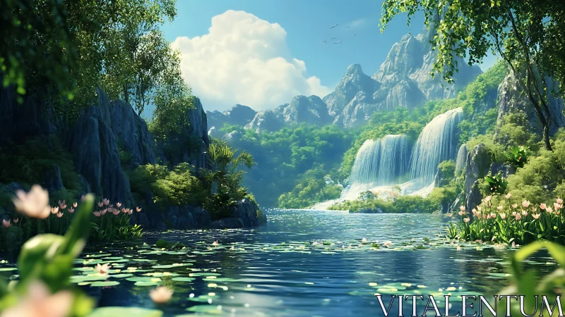 Lush waterfall valley opens into a tranquil lily pond paradise.