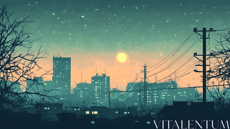 Layered dusk cityscape under full moon with silhouetted power lines