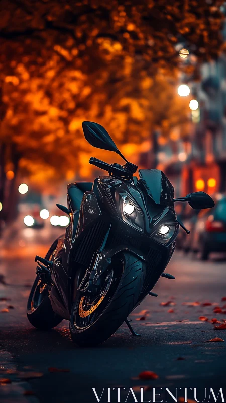 Sport motorcycle glows under autumn city streetlights.