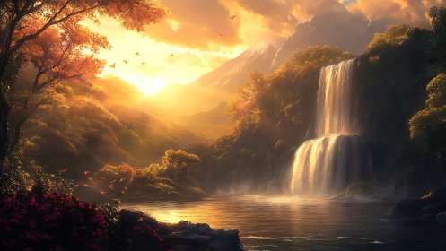 Sunlit waterfall cascades through misty autumn valley
