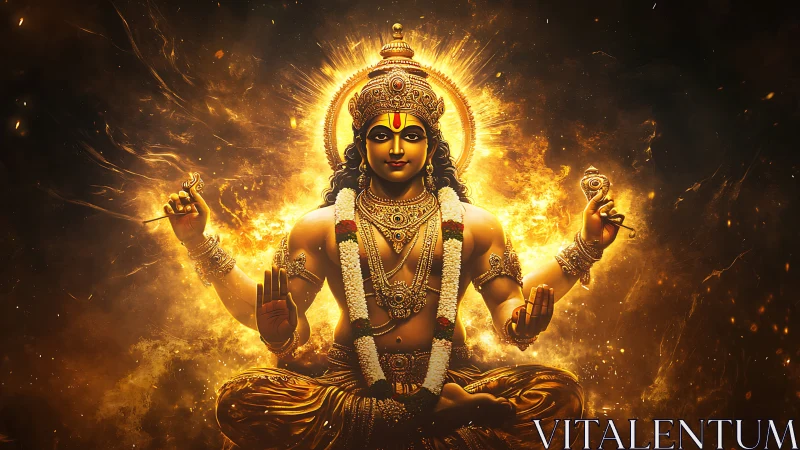 Radiant multi-armed deity glows within blazing golden aura.