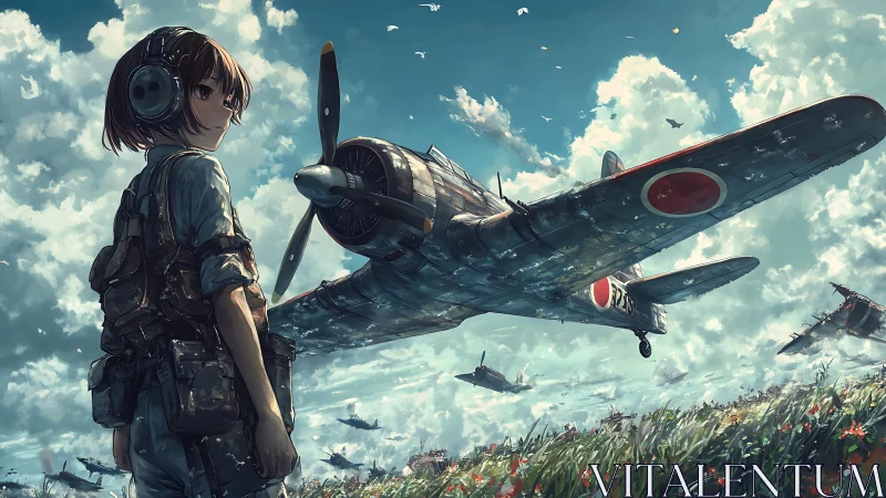 Young pilot stands beneath warplane in turbulent skies