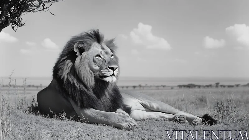 Male lion resting in open savanna grassland landscape.