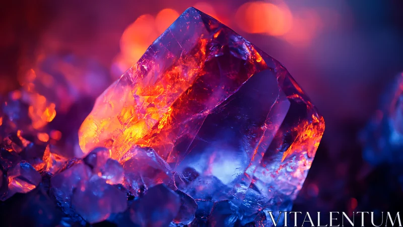 Luminous crystal shard glows in intense neon bicolor light.