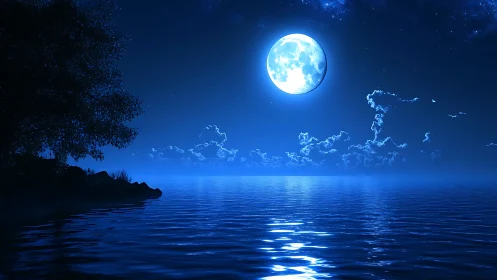 Lunar-reflective nocturnal seascape with high-contrast luminance.