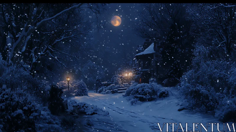 Snowy night cottage under full moon on quiet forest road.