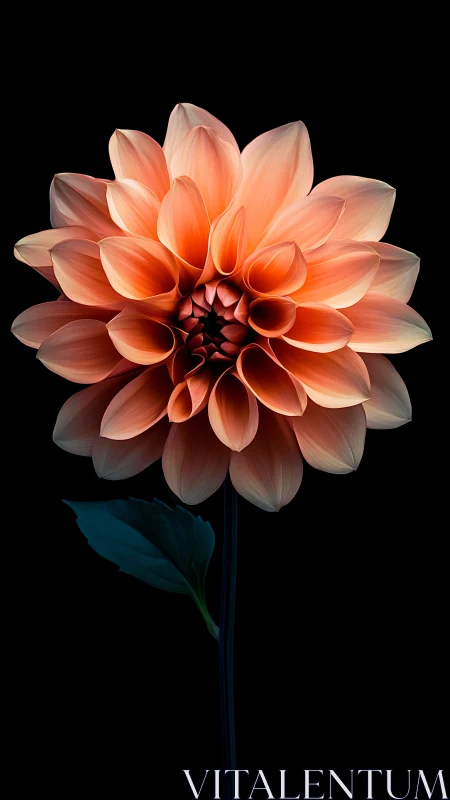 Coral-toned dahlia bloom exhibits complex petal layering with luminescent gradient rendering on blac