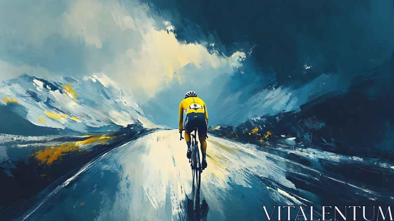 Cyclist Racing Through Alpine Mountain Valley Landscape.