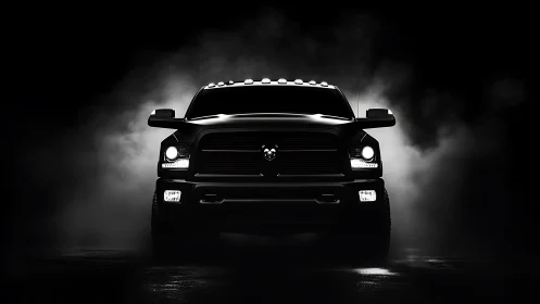 Front-facing black pickup truck in low-key lighting profile.