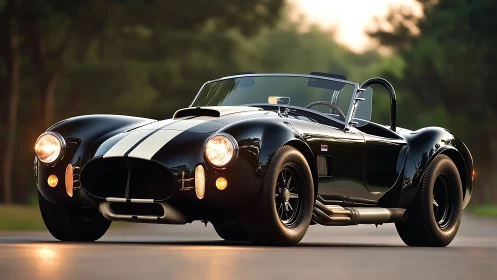 Photorealistic low-angle study of a classic black roadster.