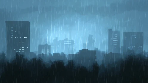 Quiet rainy city skyline wrapped in soft blue evening light.