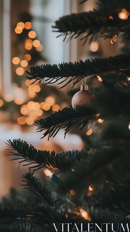 Close-up view of ornament on indoor lit evergreen tree.