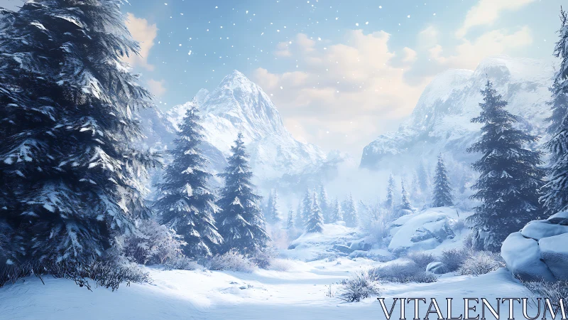 Winter valley glows softly beneath snow-covered peaks
