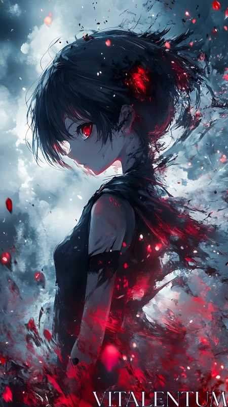 Dark-haired anime girl radiates crimson energy in storm